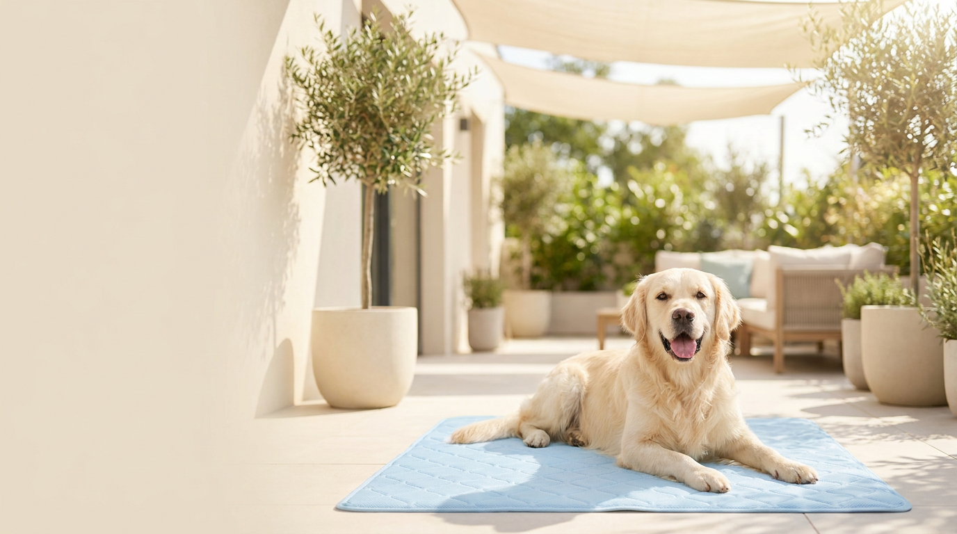 A golden retriever lying on a light blue cooling mat on a sunny terrace